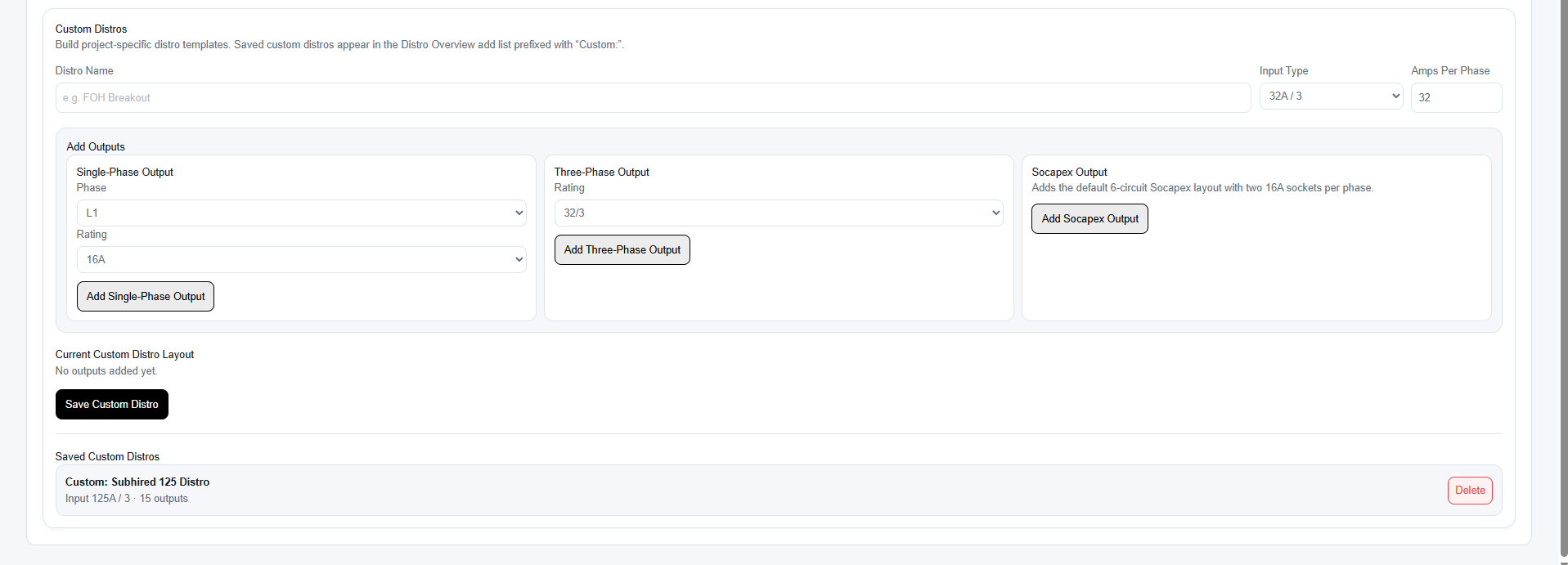 Custom Distros page showing input type and output builder controls
